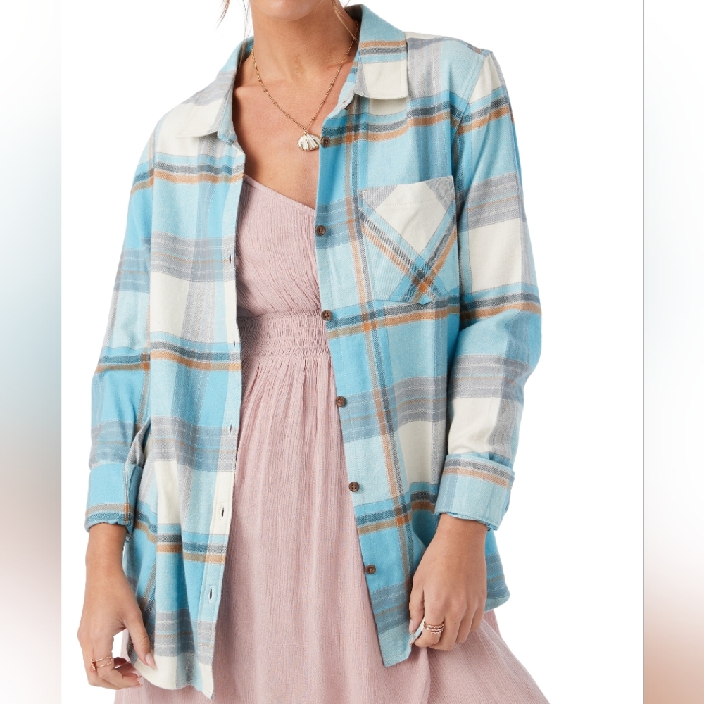 NWT O'neill Logan Flannel Long Sleeve Plaid Button Up Blue Women's Small NWT